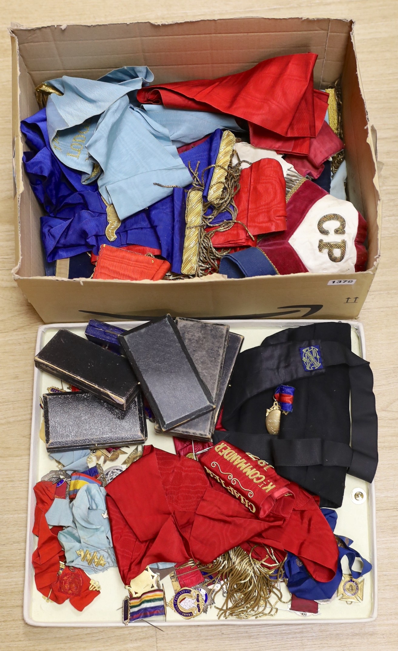 A collection of Kent, local Masonic lodge medals/accessories;, twenty two silver jewels, eleven other medals/jewels and five aprons and associated sashes